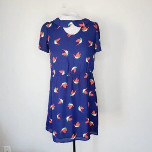 Modcloth Dress Retro Bird Print Navy Blue Peter Pan Collar M - Picture 7 of 12